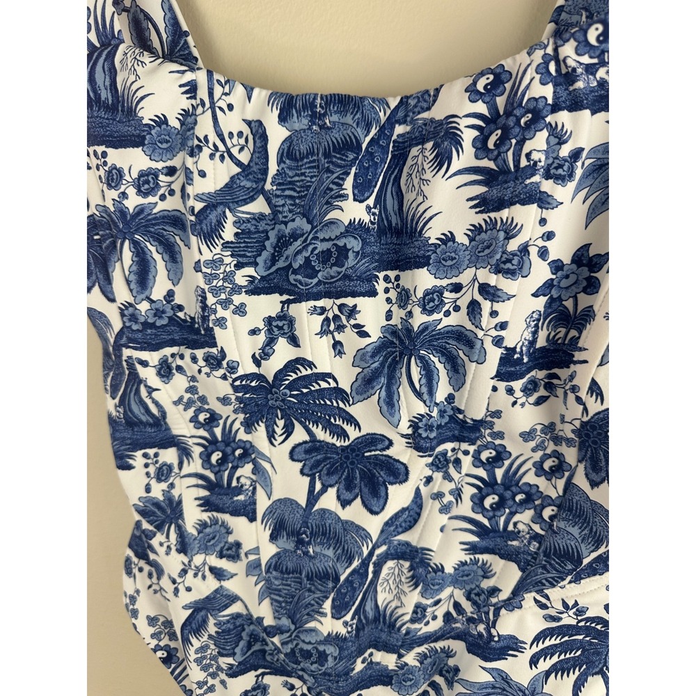 STAUD Adelaide Blue Toile One Piece Swimsuit Corset Boning M Tropical Dog Print - Picture 12 of 14